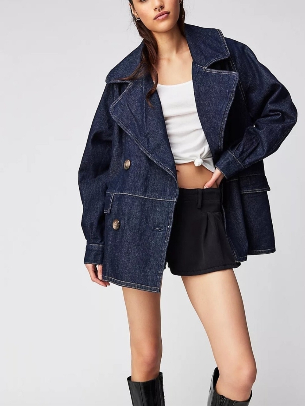 Free People NWOT Dark Blue Double-Breasted Car Coat Cotton Denim Jacket Sz L